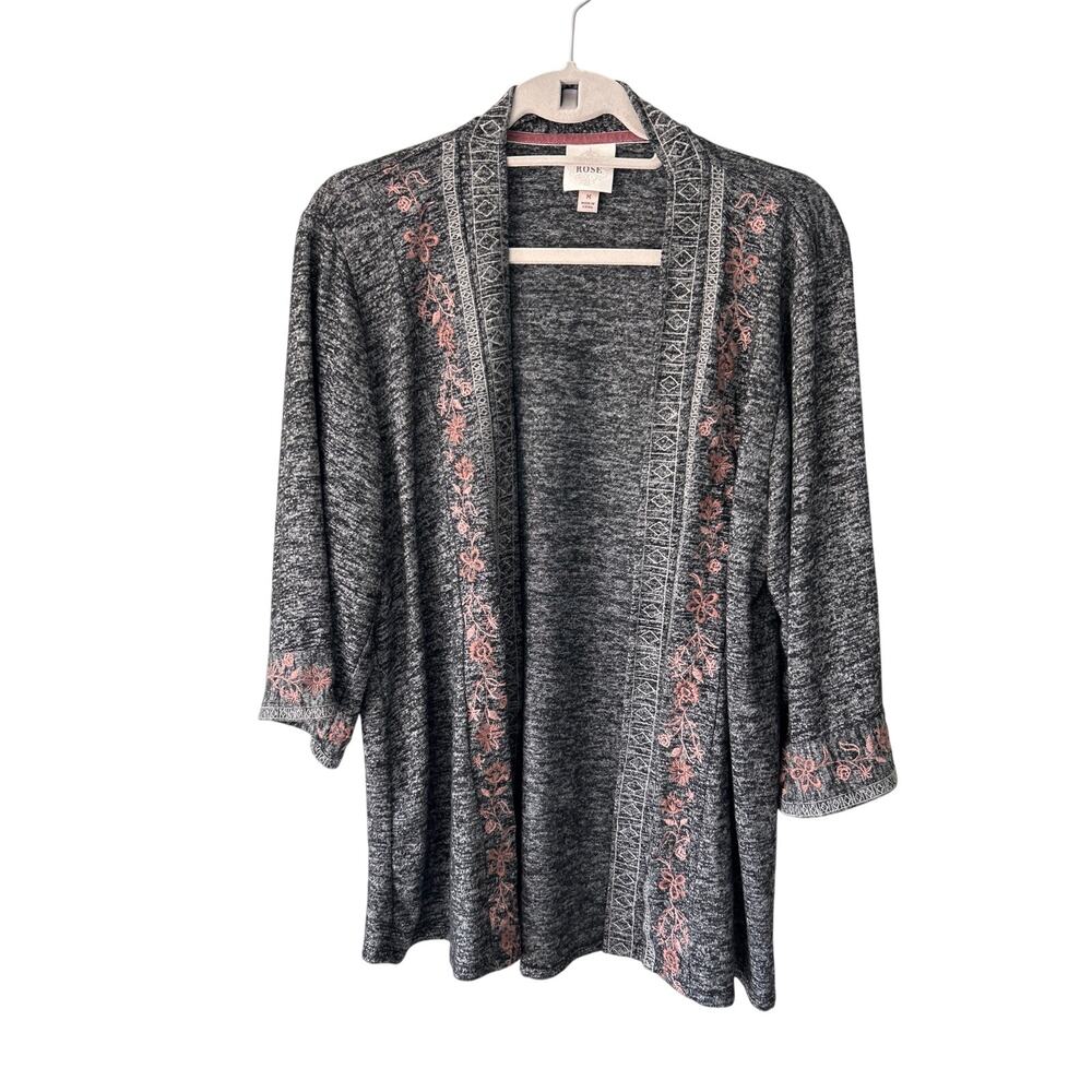 Knox Rose Gray Cardigan Pink Embroidered Floral Medium